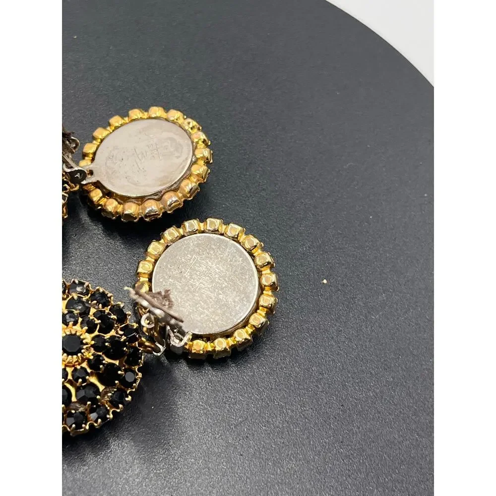 Mistar Bijoux Deadstock 3D Puff‎ Three Drop Dangle Crystal Gold Clip on Earrings